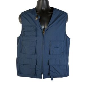 Chaps Mens Utility Vest Blue Sz M Front Zip V Neck Flap Pockets Sleeveless Nylon